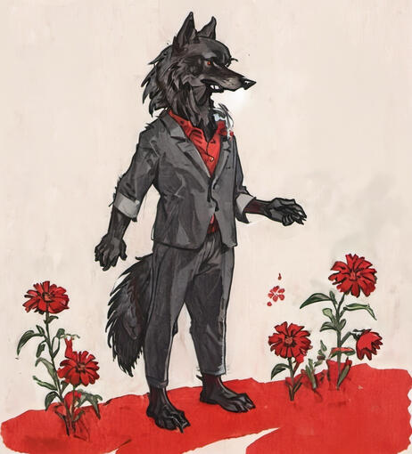 Wolf with red flowers